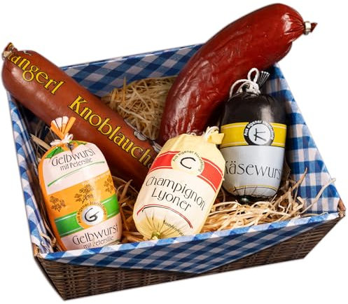 WURSTBARON® Geschenkkorb Wurstliebhaber, Wurstgeschenkkorb mit Wurstspezialitäten, Präsentkorb für Geburtstag, Weihnachten mit Knoblauchwurst, Paprikawurst, Gelbwurst, Champignon Lyoner und Käsewurst