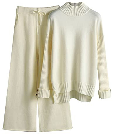 Générique 2024 - Set a maglia da donna autunno e inverno vestito a maglia maglione a collo alto pantaloni lunghi set due pezzi largo catena uomo argento Valentino, beige, Taglia unica