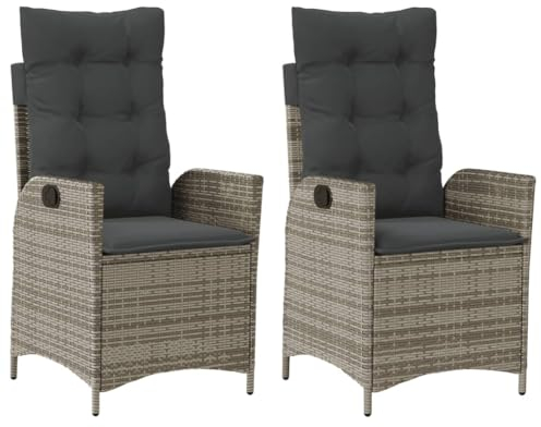vidaXL Gartensessel mit Kissen 2 STK., Gartenstuhl mit Verstellbarer Rückenlehne, Liegestuhl mit Stahlrahmen, Sessel Stuhl Relaxsessel, Grau Poly Rattan