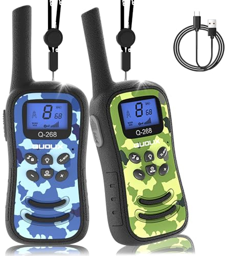QUOLIX Walkie Talkie Niños Recargable, 3 kilómetros de Largo Alcance con Batería Li-Ion Linterna LCD de 8 Canales VOX para Niños de 3 a 12 Años Exteriores, Camping, Senderismo Aventuras