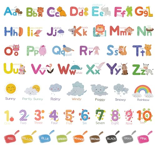 9 Blatt Wandaufkleber mit Alphabet-zahle Abnehmbare Alphabet ABC-aufkleber mit 26 Buchstaben 10 Zahlen 9 Wetter Pädagogische Wandaufkleber Kinderzimmer Heimdekoration