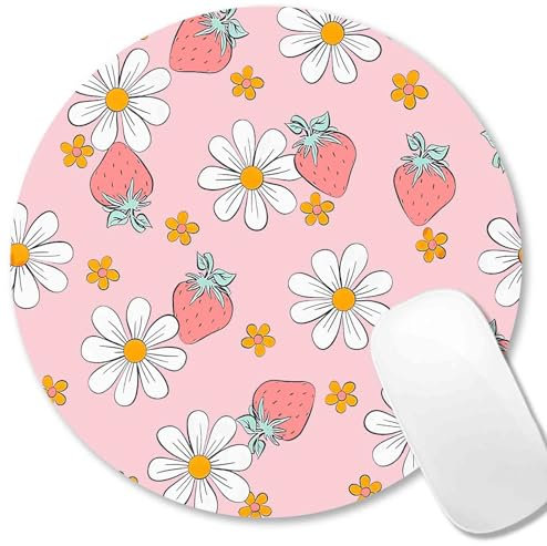 IMAYONDIA Round Pink Mouse Pad, Strawberry MousePad Small, Circular Pastel Floral Mouse Mat for Wireless Mouse, Non-Slip Rubber Base Cute Design Mice Pad for Laptop Computer Travel Women Kids, Flowers