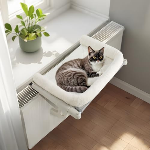 GUUSII HOME Cat Hammock Window Perch Seat Kitten Hanging Bed Windowsill for Indoor Large Pet Shelf Sturdy Kitty Lounger Washable Cushion Easy to Assemble No Drilling Hold 18kg 61.5 * 38cm(White, L)