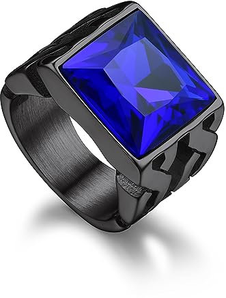 Bandmax Ring Schwarz Damen Siegelring Wikinger Edelstahl Ringe Herren Größe 54mm Ring mit Stein 14MM breit Bandring Blauer Statement Ring Accessoires Wikinger Schmuck für Geburtstag