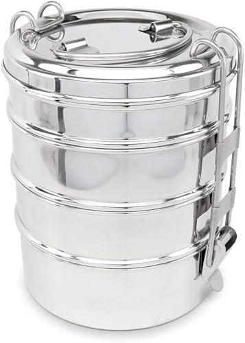 Nature's Own Indian Stainless Steel Tiffin Lunch Box, 4-Tier Snack Box/Food Container Airtight Leak Proof, 4 Compartment, Suitable for Office Use, Outdoor Lunches/Dining, Size 8x4 Inch