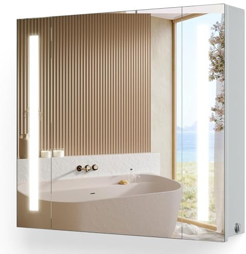 YOLEO Illuminated Bathroom Mirror Cabinet, Wall-Mounted Bathroom Cupboard with Shaver Socket, Demister Pad & Button Switch Control, LED Mirror Cabinet For Makeup Shaver Charging, IP44 650×600 MM