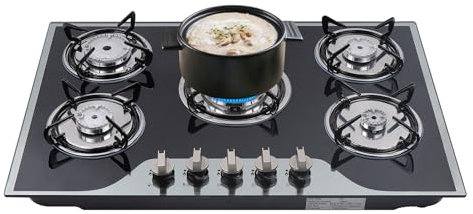 Glass Gas Hob 5 burners, Built in Gas Cooktop with Pot Rack, 77.5 * 51 cm Black Glass Stove, LPG/NG