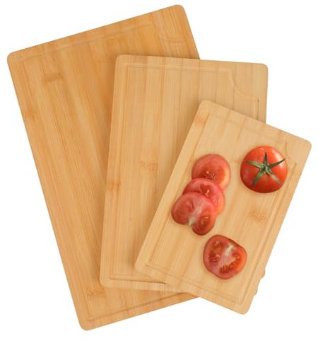 Set di 3 taglieri in bambù – dimensioni (38 x 25 cm/30 x 20 cm/22 x 15 cm) – spessore 1,5 cm – con scanalatura – antigraffio e durevole – Tagliere multifunzione in legno – Taglieri per cucina e Cuttin