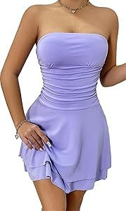 AIEOE Donna Abito Sexy con Orlo Arruffato Donna Estivo Mini Vestito Corto Senza Spalline Elegante Casual Taglia S Viola