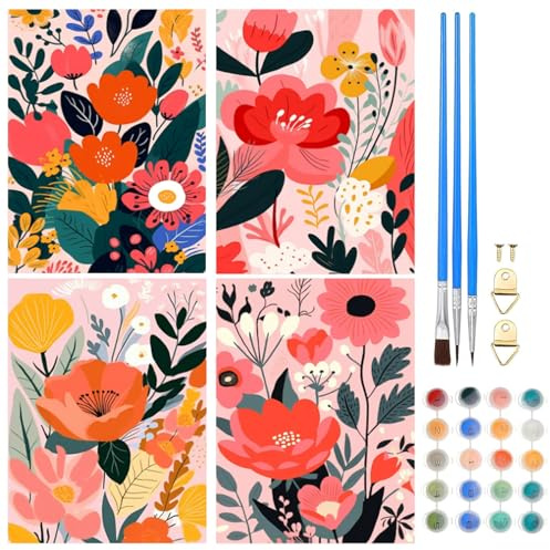 NAIMOER 4 Pièces Fleurs Peinture par Numero Adulte Enfants, Digital Paysage de fleurs colorées Painting by Numbers, Pinceaux et Peintures Acryliques Cadeaux Décoration Maison 20x30cm