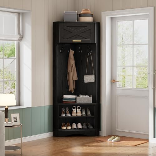 Merax Armoire d'angle pour couloir - Penderie moderne - Avec 4 crochets de suspension - Convient pour les dortoirs ou les appartements - Noir - 53/53/180 cm (l x H)