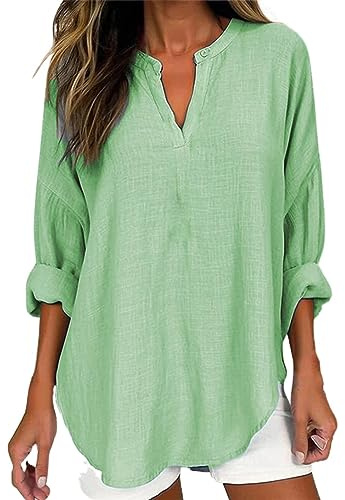 Uwdiohq Tee Shirt Femme, Chemise Femme en Coton Lin d'Été Grande Taille à Manches Longues, T-Shirt Décontracté à la Mode avec Col en V et Boutons à Manches Longues, Imprimé Fleuri, Rayures