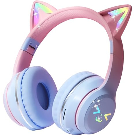 Joso Bluetooth Kids Headphones, 2 in 1 Wired/Wireless Headsets with Microphone for girls and boys, Adjustable Headband, Cat Ear Headphones Foldable