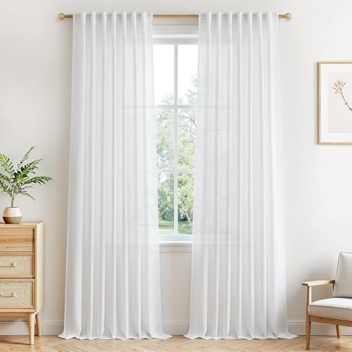 MRTREES Tende Lino Semitrasparenti per Interni Bianche Camera da Letto Soggiorno Moderne 2 Pezzi 140x260 cm Tenda Bianca Salotto Tende Cucina Porta Finestra con Passanti Nascosti