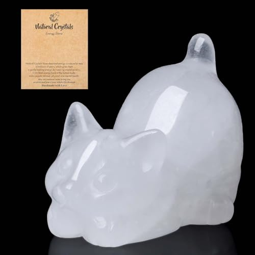QINJIEJIE Clear Quartz Crystal Cat Ornaments Cat Gifts for Women | Good Luck Cats Themed Statue Home Office Desk Decor, Spiritual Crystal Gifts for Lovers Men Christmas Presents