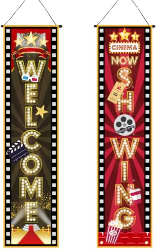 2 Filmabend-Veranda-Banner, 120x30cm Schild für Filmnacht Filmabend-Thema Party-Dekorationszubehör für den Heimfilmkamera-Action-Party-Hintergrund