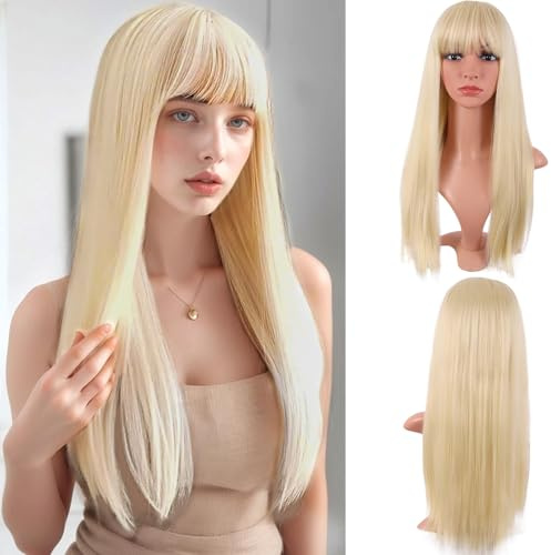 Wenweo Perücke Damen, Perücke Blond Lang Gerade Flache Pony Kunsthaar– Natürlicher Look für Halloween, Karneval, Fasching, Cosplay & Partys | Bis zur Taille | Elegante Alltags und Kostüm Perücke