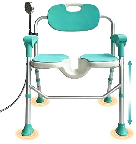 AITX Folding Shower Chair with 3D U-shaped Seat with Armrests & Backs, Non Slip Heavy Duty Height Adjustable Shower Seat for Elderly Disabled Pregnant, fits Most Walk-in Showers
