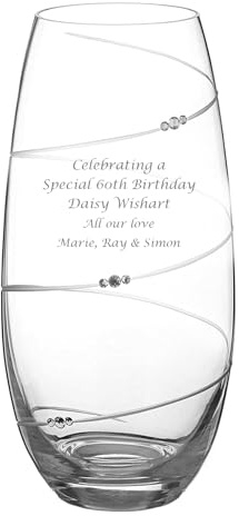 Customised Glass Vase, 25cm Tall, Barrel Shape, Single Spiral Cut Design, Hand-finished With 3 Clusters of Diamante Crystals, Engraved Custom Text, Gift Boxed