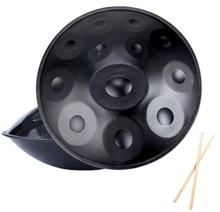 Handpan Professionell 9/10/12 Töne – Handgefertigtes Stahlinstrument in D Moll, Für Meditation, Yoga, Klangreise, Bühne, Entspannung & Musiktherapie(Black)