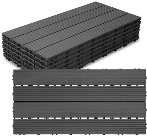 Jaxguom 60 Stück WPC Terrassenfliesen, 30x60 cm WPC Fliesen,Gartenfliesen mit Klick-System,Terrassendielen Balkonfliesen Klickfliesen,Terrassendielen Wasserfest,für 10m² Anthrazit