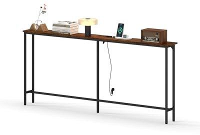 Ginhow Konsolentisch Hinter Sofa Mit Ladestation, Konsolentisch Schmal Holz 20 cm Tief, Console Table, Schmales Regal 20 cm Breit, Regal Schmal, Flur Möbel Mit schwarzem Metallrahmen