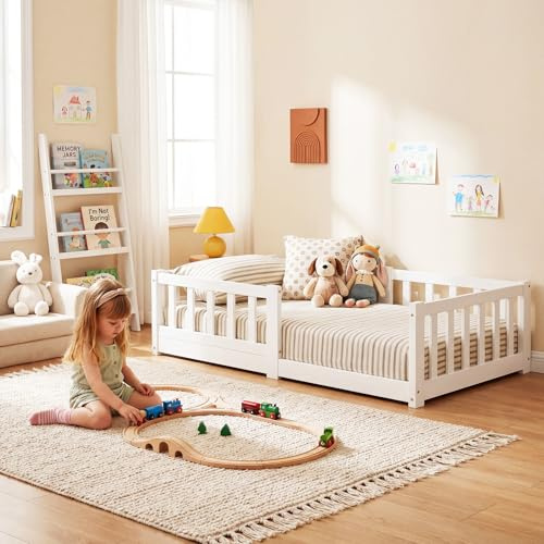 Meulbaty 70x140cm Holz Kinder Hausbett mit Rausfallschutz und Lattenrost, Schön Montessori-Bodenbett für Kleinkind, Kiefernholz Massiv Bett für Mädchen und Jungen