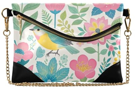 siphylline Damen-Clutch aus Polyurethan, trendiger Umschlag, Clutch für Party, rosa Blumen, grüne Vögel