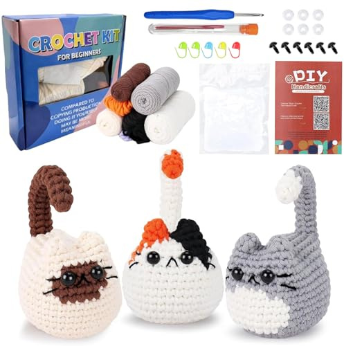 Virkning FöR NyböRjarset – Virkade Set Djur, Amigurumi Instruktioner Med Steg-FöR-Steg-Video, Perfekt FöR NyböRjare, Kreativt Virkningsset (Tre katter)