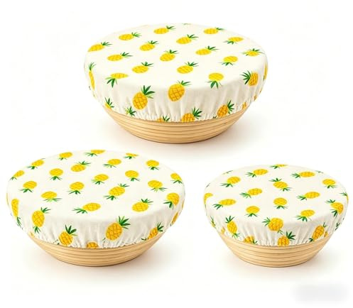 Reusable Bowl Covers (3 Pack) 7.8/9/10.2 Inch Elastic Cotton Cloth | Pineapple Pattern Food Covers for Bread Proofing Baskets Mixing Bowls and Food Storage as Versatile Bowl Covers
