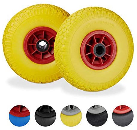 Relaxdays Sackkarrenrad 2er Set, pannensichere 3.00-4 Vollgummireifen, 25 mm Achse, bis 80 kg, 260x85 mm, gelb-rot