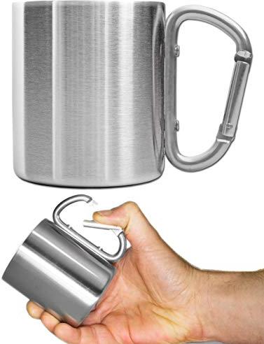Outdoor Saxx® - Taza de camping, taza de exterior de metal, con asa atornillada en forma de mosquetón, acero inoxidable, senderismo, excursionismo, trabajo, 250 ml, plata (plata)