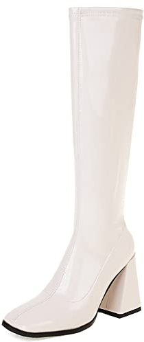MJIASIAWA Donna Tacco Chunky Knee Vernice Senza Chiusura Stivali Stretch Estate Inverno Square Toe Serata Stivali Equitazione Moda Beige Numero 36 Eu