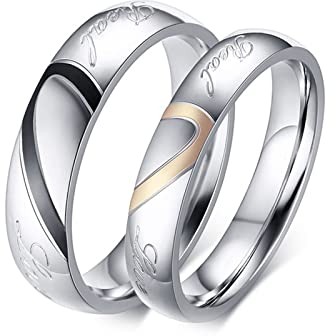Dsnyu Freundschaftsringe Paar mit Gravur, Titan Ringe Paar 5MM 4MM Kein Stein Puzzle Herz Real Love Partnerringe Paarpreis SilberDamen Gr. 45 (14.3) & Herren Gr. 70 (22.3)