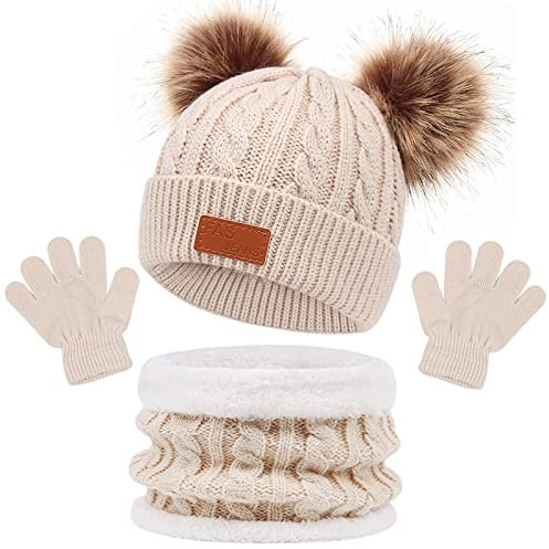 3 Stück Mädchen Winter Beanie Hut, Schal, Handschuhe Set,Kinder Wintermütze Schal Handschuhe Set, Mütze Warme Beanie Hut Jungen Handschuhe Runder Schal Set für Kinder 1-6 Jahre Alt (Beige)