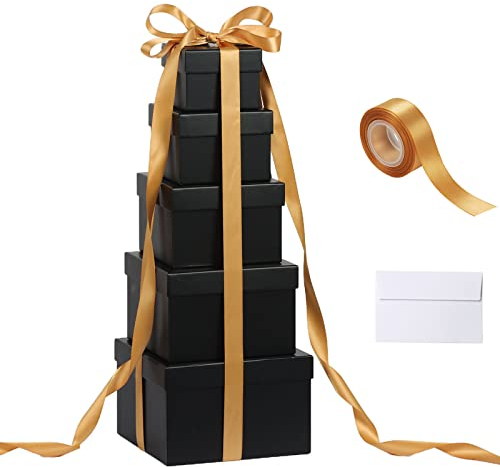 CHARMGIFTBOX 5 Stück Geschenkbox mit deckel, Geschenkboxen Schwarze, Quadratische Geschenkbox für Geschenke, Stapelbare Boxen für Geburtstag, Hochzeit, Weihnachten
