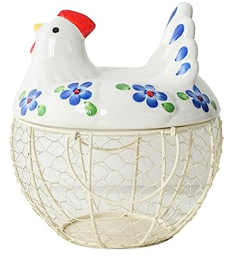 Cesta decorativa para huevos para mostrador, tapa de pollo de cerámica con cesta de alambre, capacidad para 20-25 huevos