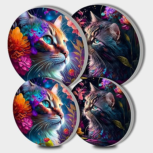 Cat and Colorful Flowers Picture Round Hob Covers 4-Piece Stove Plate Cooker Hob Covers for Cookers Top Burner Gas Range Protector Cookware Accessories Cooktop Decorative Decor