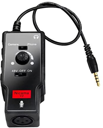 Nicama V2 XLR Female to 3.5mm TRS and TRRS Adapter for Sennheiser Rode Shotgun or Condenser Microphones, Microphone Preamp for iPhone DSLR Camera Canon Nikon Sony PC