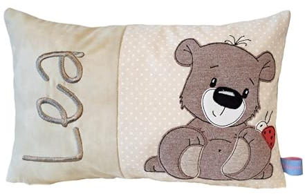 Personalisiertes Kissen zur Geburt und Taufe | Bestickt mit Namen und süßem Bär mit Marienkäfer | Baumwolle (20cm x 30cm, Bär mit Marienkäfer)