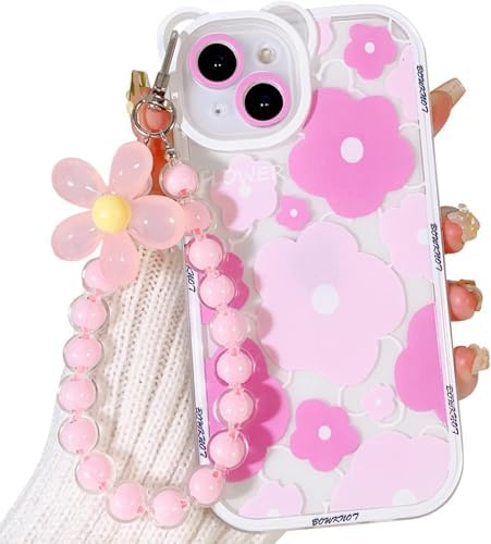 Pretaco for iPhone 11 Case, Cute Clear Blue Floral Bear Camera Lens Case with Lovely Flower Wrist Strap Bracelet Chain for Women Girly,Shockproof Cover-Pink