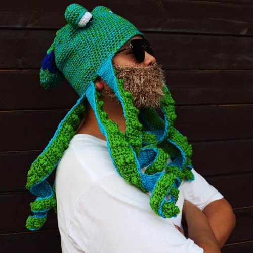 YIYHFKM Gehäkelte Oktopus-Mütze, Winter-Kopfbedeckung, Herrenmütze, warme Strickmütze, modische Oktopus-Augen-Mütze für Teenager, Party-Kopfschmuck, Halloween-Requisiten, lustige Tiermütze