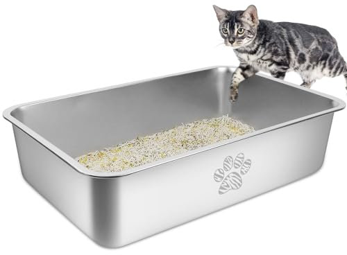 PTLOM Edelstahl Katzenklo, Große Katzentoilette aus Metall, Spritzwassergeschützt und Antihaftbeschichtet, Katzenklo, Geeignet Für Große und Kleine Katzen, Kaninchen,Tabby Pfote,59.5x39.5x15cm