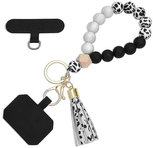 LunarCharm Phone Lanyard, Silicone Bead Wrist Strap, Cell Phone Lanyard with 2 Cell Phone Lanyard Pads, Elastic Cell Phone Chain for Most Smartphones, Black and White