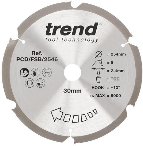 Trend PCD Fibre Cement Circular Saw Blade, 254mm Diameter, 30mm Bore, 6 Teeth, 2.4mm Kerf, +12° Hook, PCD, Coarse Finish, PCD/FSB/2546