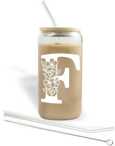 Bliceon Personalized A-Z Initial Glass Cups, Birthday and Christmas Gifts for Women, for Mum, Friends and Sisters - Iced Coffee Cup Gift with Lids and Straws