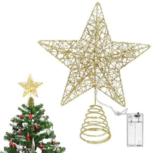 Bocguy Christbaumspitze Stern Gold, 25 x 20cm Baumspitze Weihnachten, Weihnachtsbaum Stern Spitze mit 20 LED, Tannenbaum Spitze für Weihnachtsbaum, Christbaumspitze Beleuchtet, Innendekoration (A)