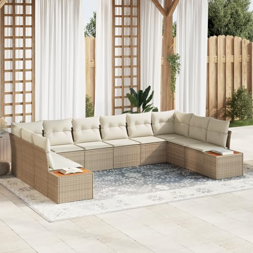 CongVVFV 10-teiliges Garten Sofa Set mit beigen Kissen Poly Rattan Akazie wetterfest Eckcouch Outdoor