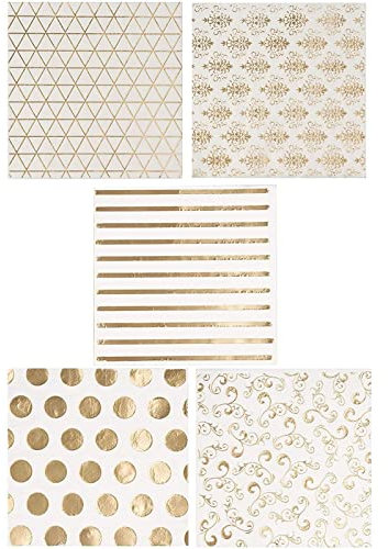 Confezione da 100 tovaglioli di carta a 3 veli, colore bianco e oro, usa e getta, per matrimoni, Natale, feste, 25 x 25 cm