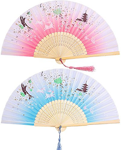 2 Pieces Folding Fans Handheld Fans Bamboo Fans with Tassel Women's Hollowed Bamboo Hand Holding Fans for Wall Decoration, Gifts (Blue Rabbit Butterfly and Pink Rabbit Cherry Pattern)